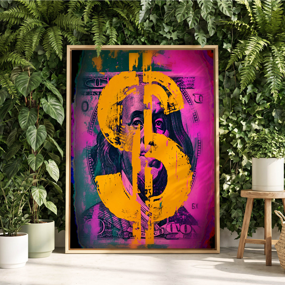 Neon Fortune, black, pink, gold abstract wall art displayed in a styled interior, gallery view 2