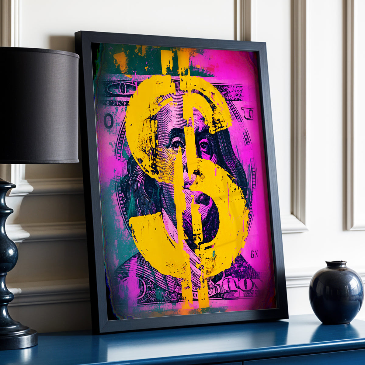 Neon Fortune, black, pink, gold abstract wall art displayed in a styled interior, gallery view 3