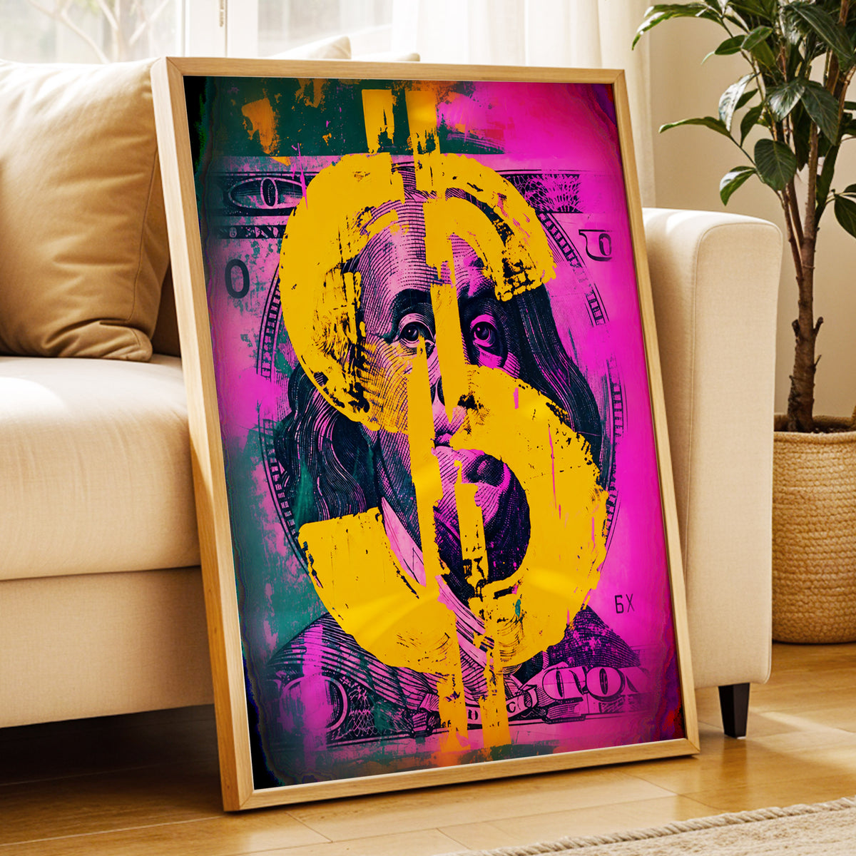 Neon Fortune, black, pink, gold abstract wall art displayed in a styled interior, gallery view 4