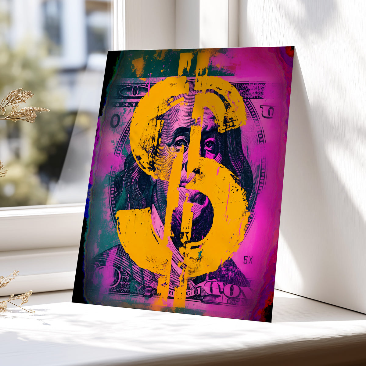 Neon Fortune, black, pink, gold abstract wall art displayed in a styled interior, gallery view 5