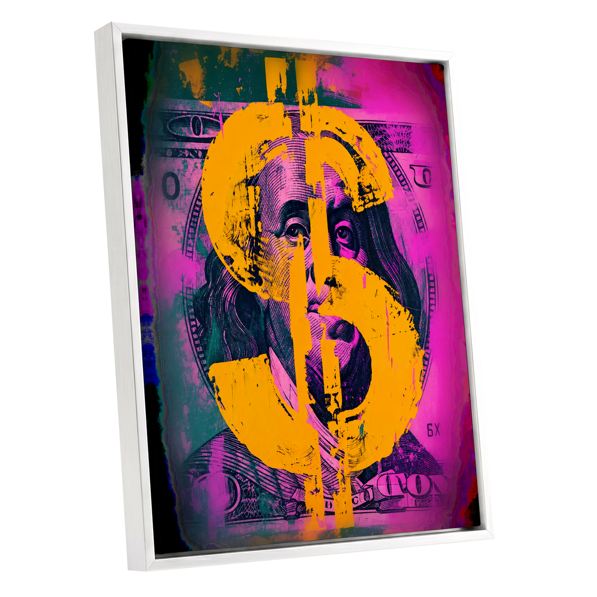 Neon Fortune, black, pink, gold abstract wall art shown as a white framed canvas wall art