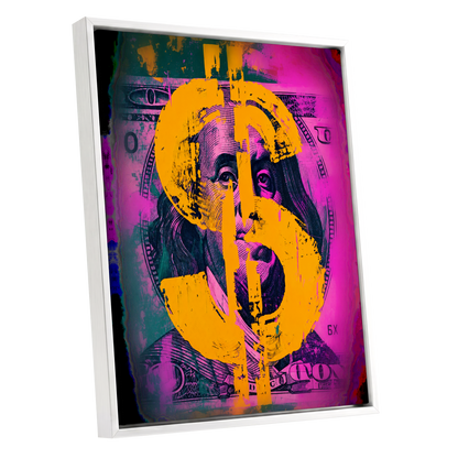 Neon Fortune, black, pink, gold abstract wall art shown as a white framed canvas wall art
