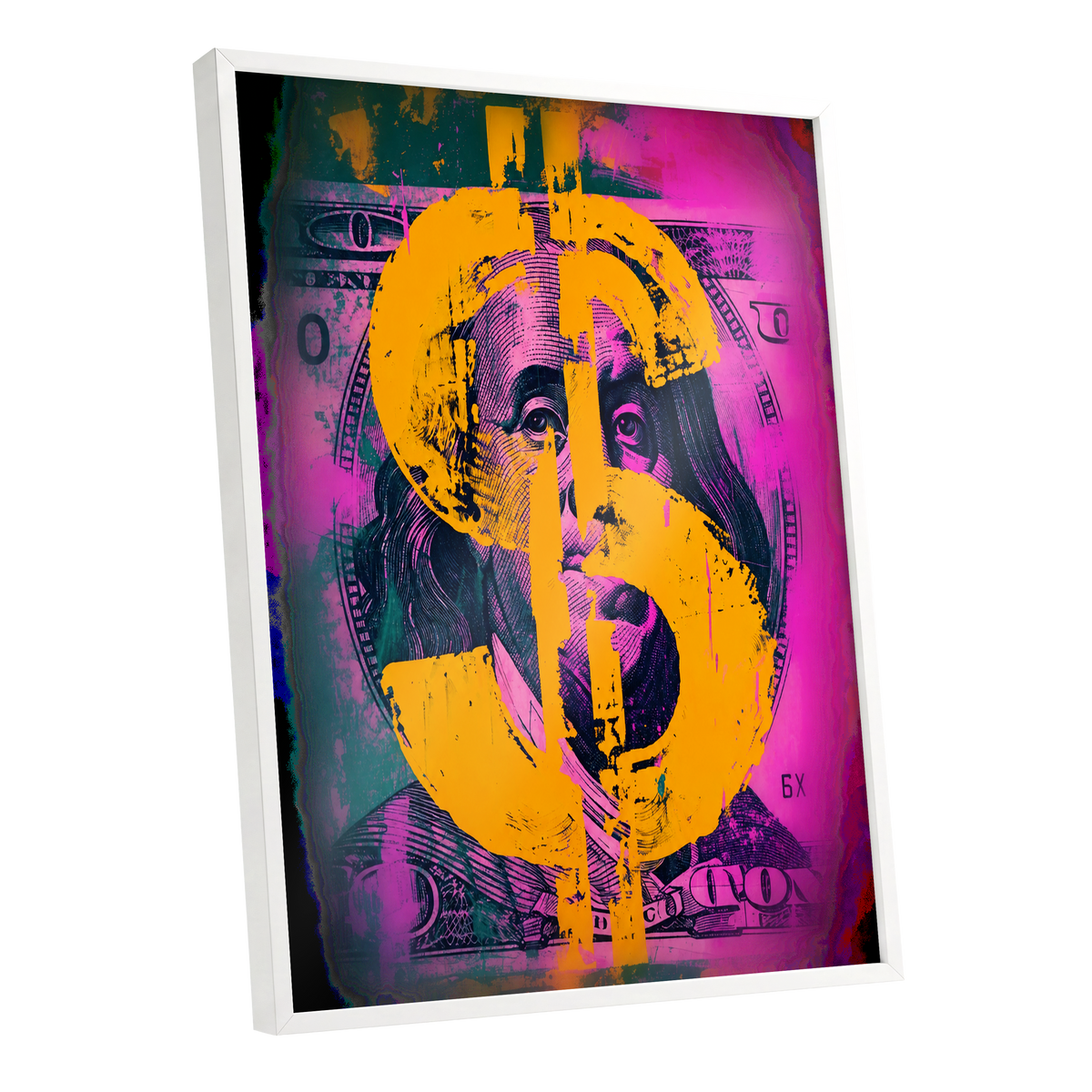 Neon Fortune, black, pink, gold abstract wall art shown as a white framed poster wall art print