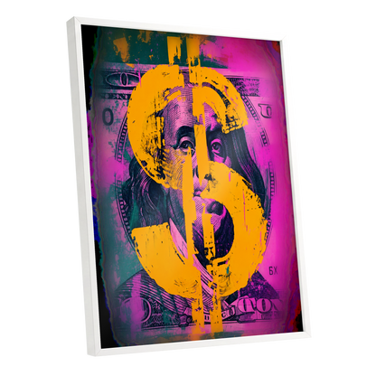 Neon Fortune, black, pink, gold abstract wall art shown as a white framed poster wall art print