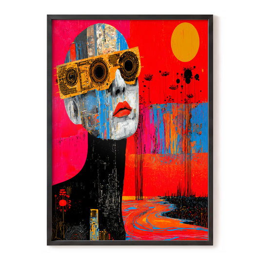 Neon Frequency, red, black, blue abstract wall art, front artwork view