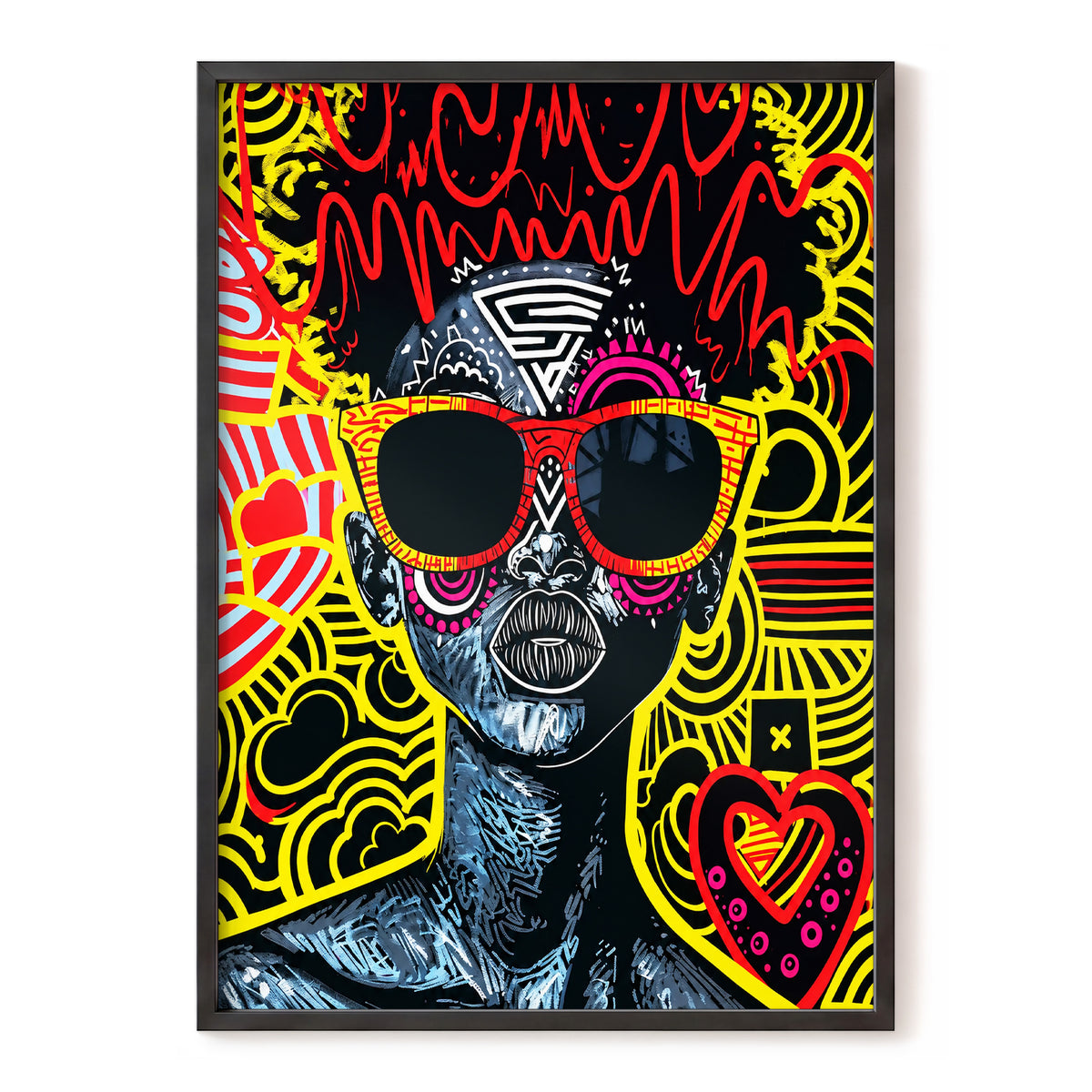Neon Icon, black, yellow, red abstract wall art, front artwork view
