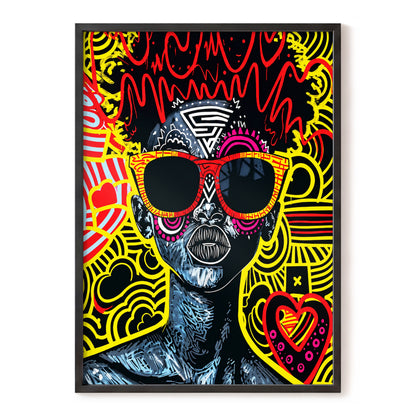 Neon Icon, black, yellow, red abstract wall art, front artwork view