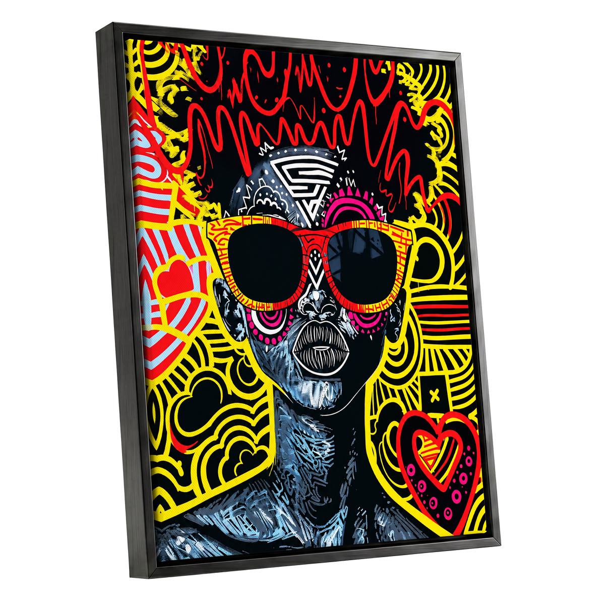 Neon Icon, black, yellow, red abstract wall art shown as a black framed canvas wall art