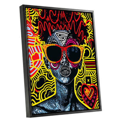Neon Icon, black, yellow, red abstract wall art shown as a black framed canvas wall art