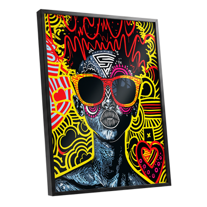 Neon Icon, black, yellow, red abstract wall art shown as a black framed poster wall art print