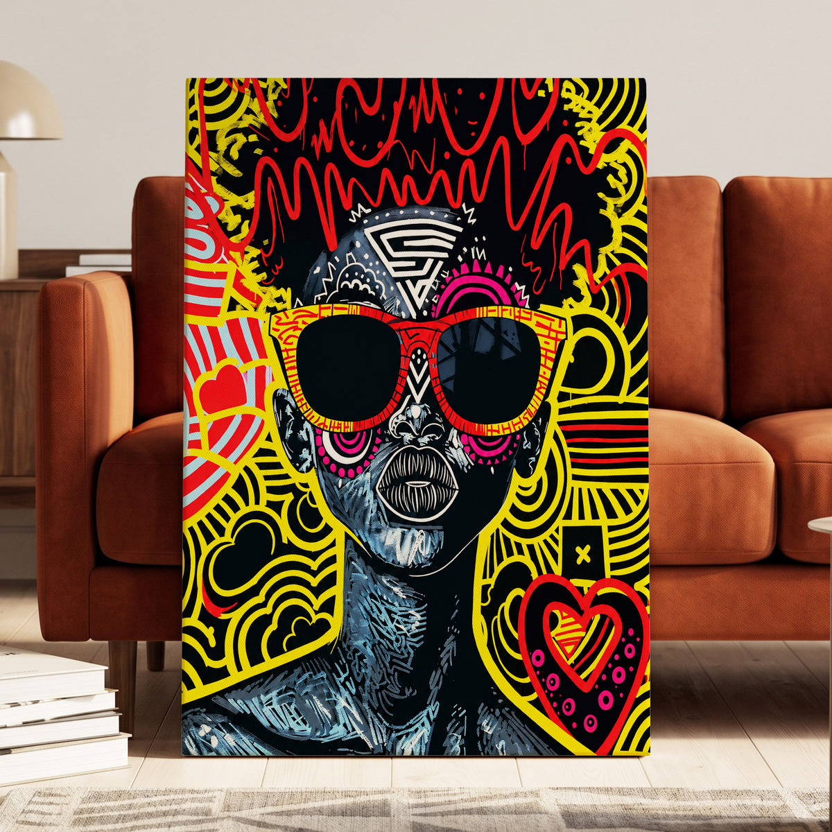 Neon Icon, black, yellow, red abstract wall art on canvas displayed in a styled interior, gallery view 1