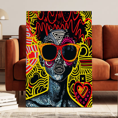 Neon Icon, black, yellow, red abstract wall art on canvas displayed in a styled interior, gallery view 1