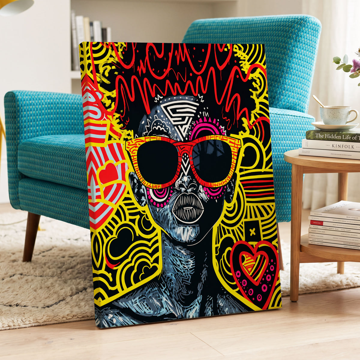 Neon Icon, black, yellow, red abstract wall art on canvas displayed in a styled interior, gallery view 2