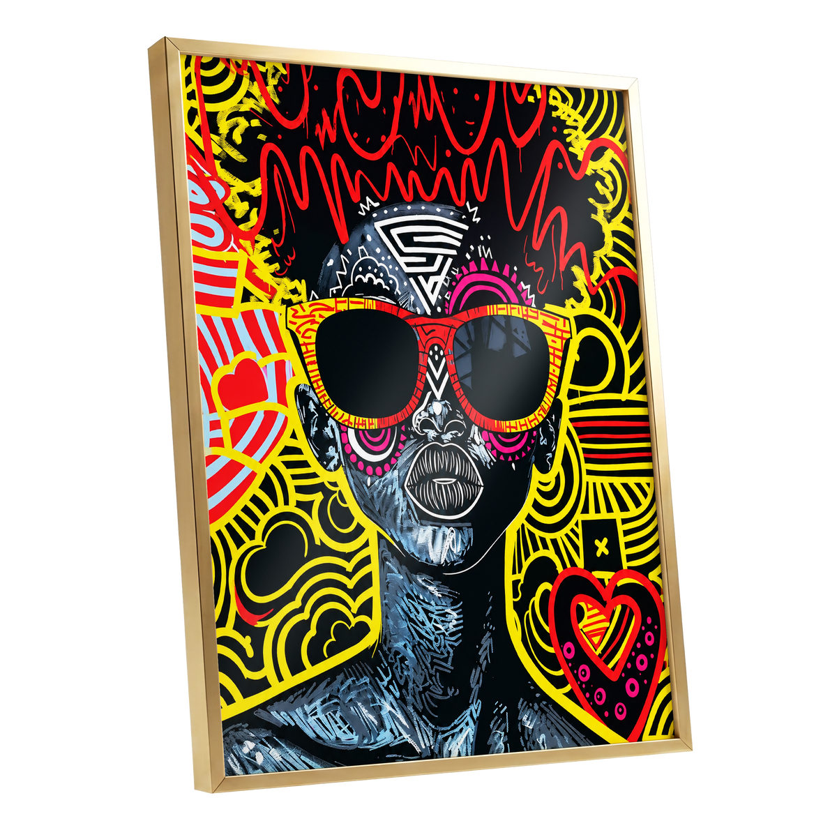 Neon Icon, black, yellow, red abstract wall art shown as a gold framed poster wall art print
