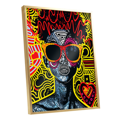 Neon Icon, black, yellow, red abstract wall art shown as a gold framed poster wall art print