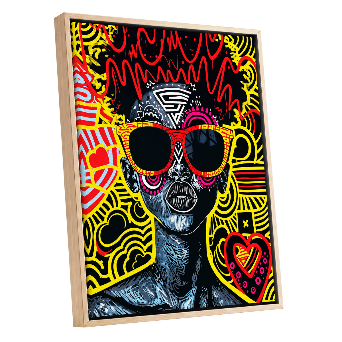 Neon Icon, black, yellow, red abstract wall art shown as a oak framed canvas wall art