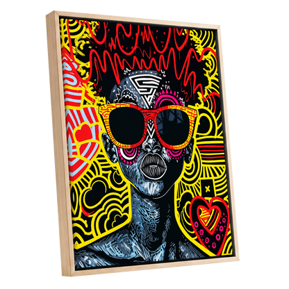 Neon Icon, black, yellow, red abstract wall art shown as a oak framed canvas wall art