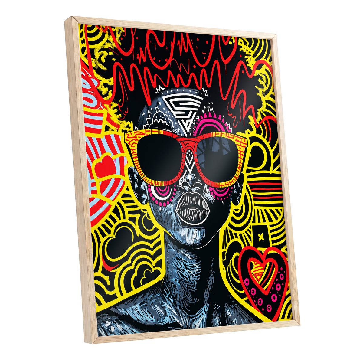Neon Icon, black, yellow, red abstract wall art shown as a oak framed poster wall art print