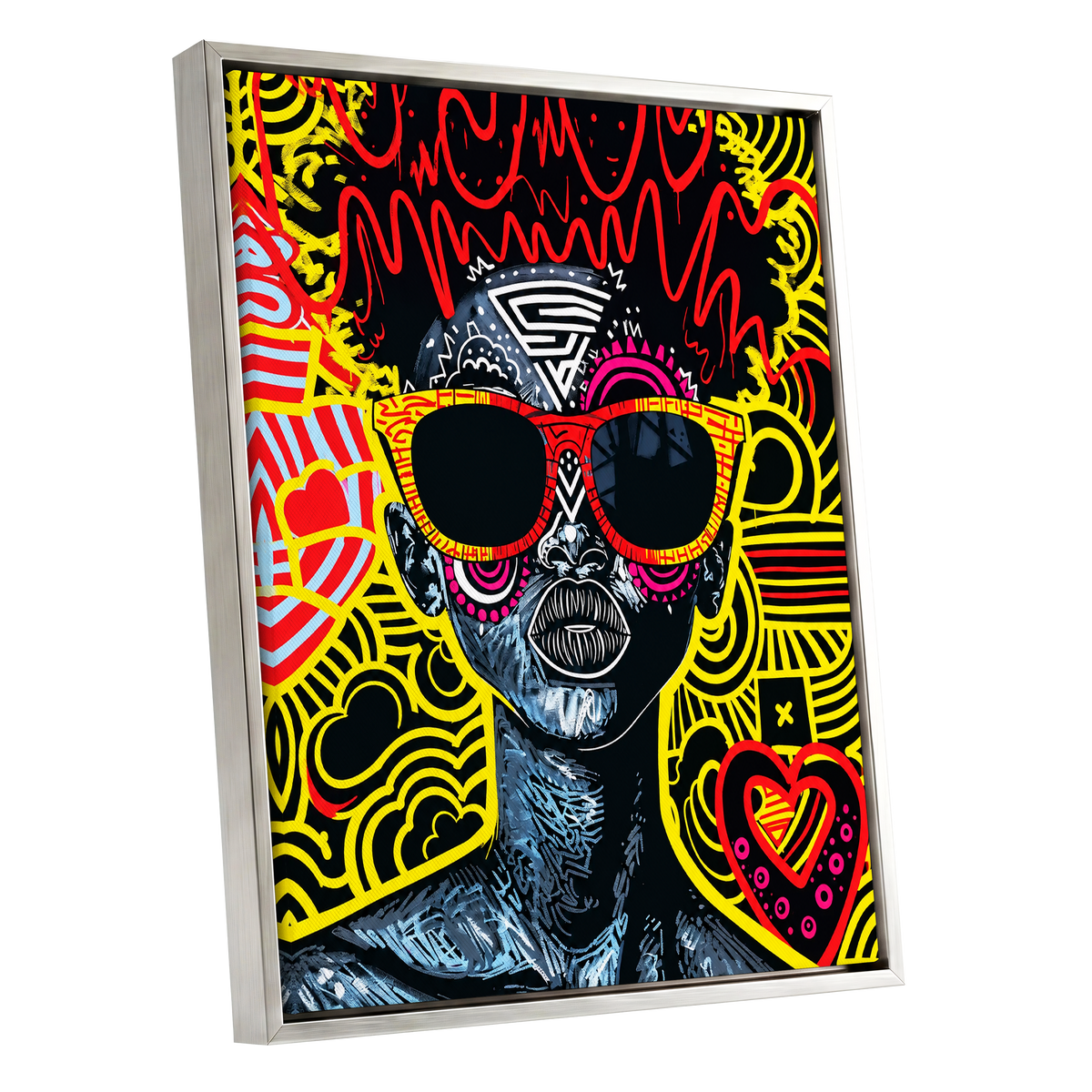 Neon Icon, black, yellow, red abstract wall art shown as a silver framed canvas wall art