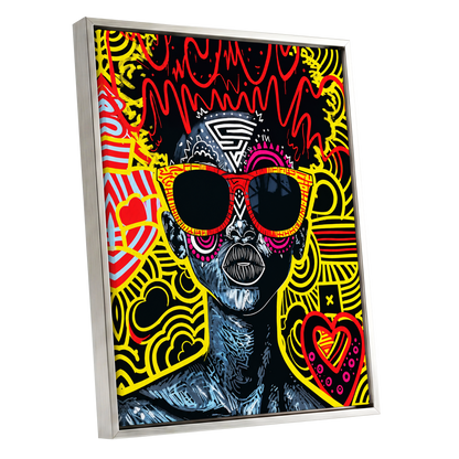 Neon Icon, black, yellow, red abstract wall art shown as a silver framed canvas wall art