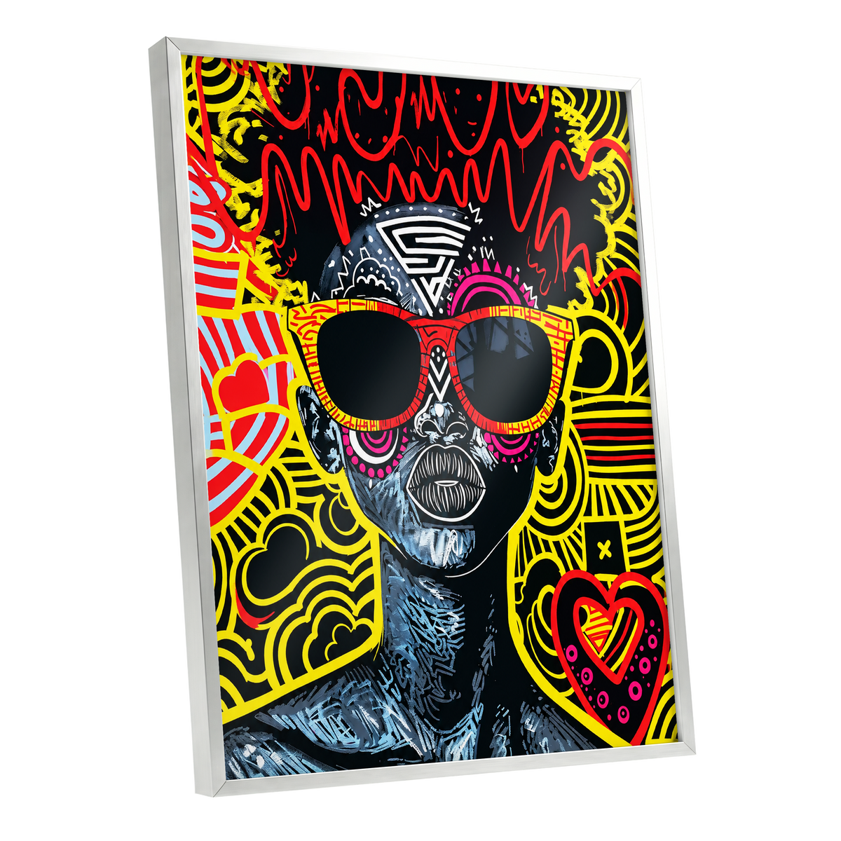 Neon Icon, black, yellow, red abstract wall art shown as a silver framed poster wall art print