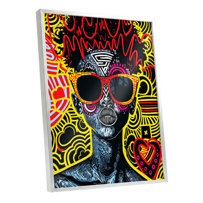 Neon Icon, black, yellow, red abstract wall art shown as a silver framed poster wall art print