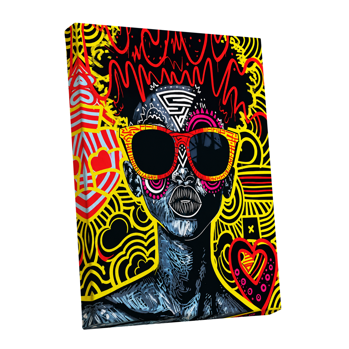 Neon Icon, black, yellow, red abstract wall art shown as a stretched canvas wall art