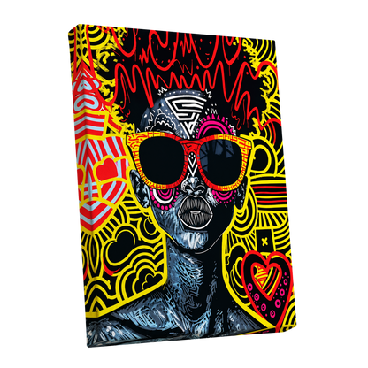 Neon Icon, black, yellow, red abstract wall art shown as a stretched canvas wall art