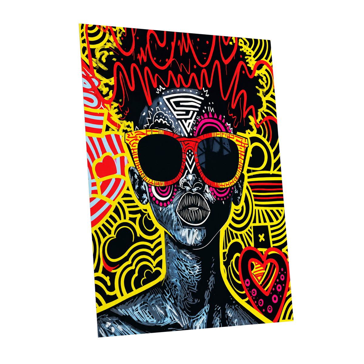 Neon Icon, black, yellow, red abstract wall art shown as a unframed poster wall art print