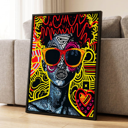 Neon Icon, black, yellow, red abstract wall art displayed in a styled interior, gallery view 1