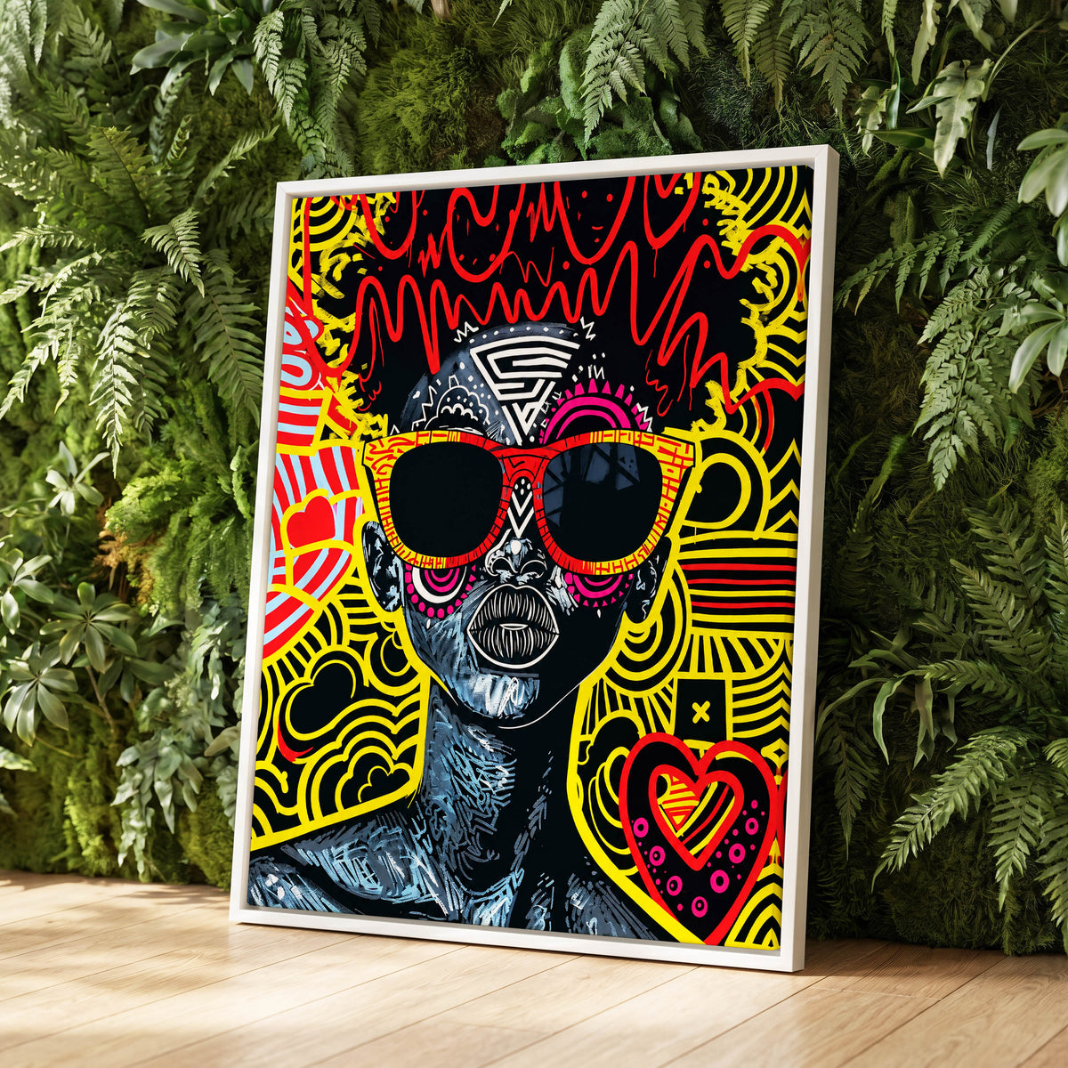 Neon Icon, black, yellow, red abstract wall art displayed in a styled interior, gallery view 2