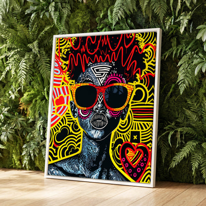 Neon Icon, black, yellow, red abstract wall art displayed in a styled interior, gallery view 2