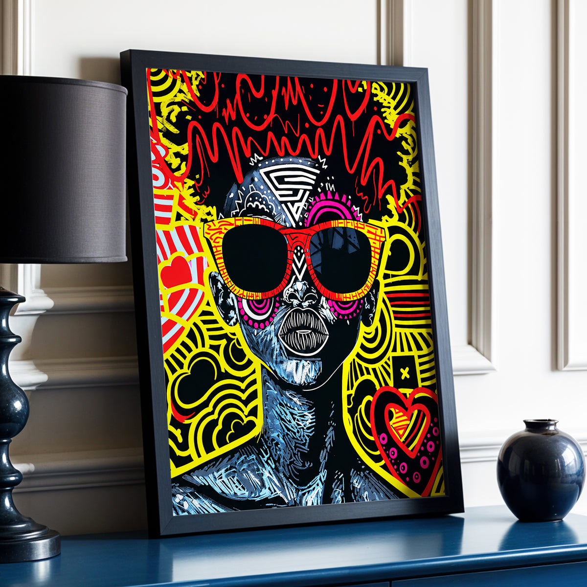 Neon Icon, black, yellow, red abstract wall art displayed in a styled interior, gallery view 3