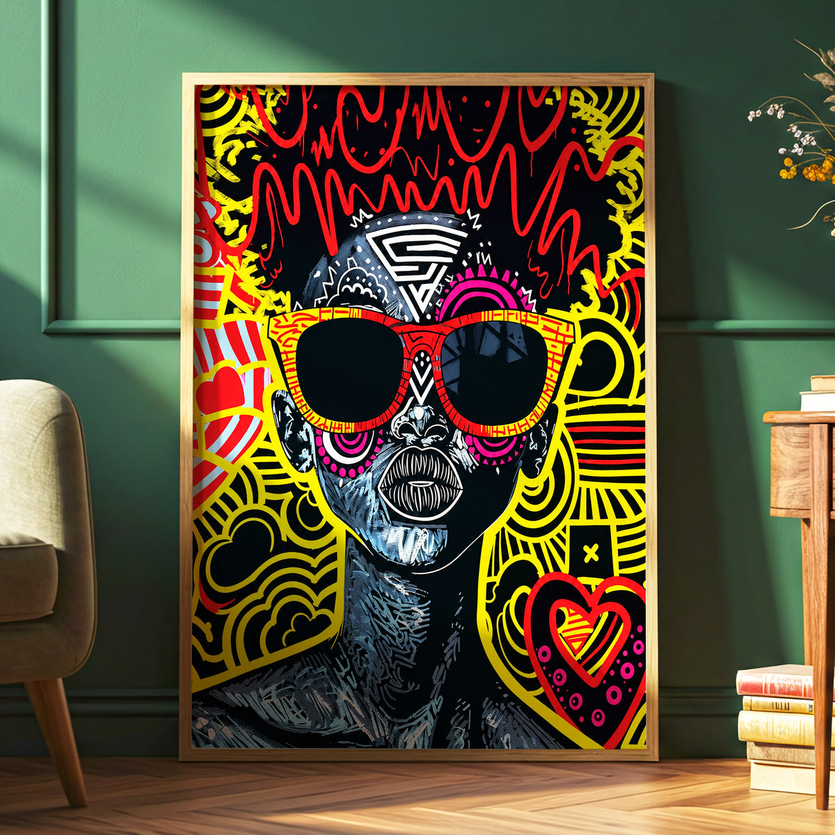 Neon Icon, black, yellow, red abstract wall art displayed in a styled interior, gallery view 6