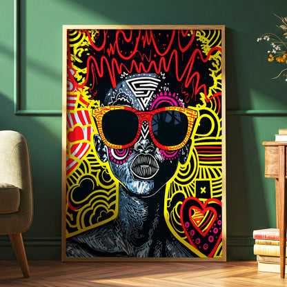 Neon Icon, black, yellow, red abstract wall art displayed in a styled interior, gallery view 6