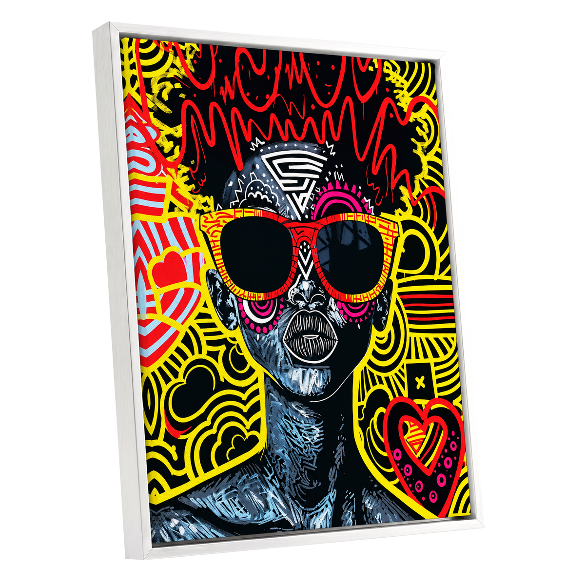 Neon Icon, black, yellow, red abstract wall art shown as a white framed canvas wall art