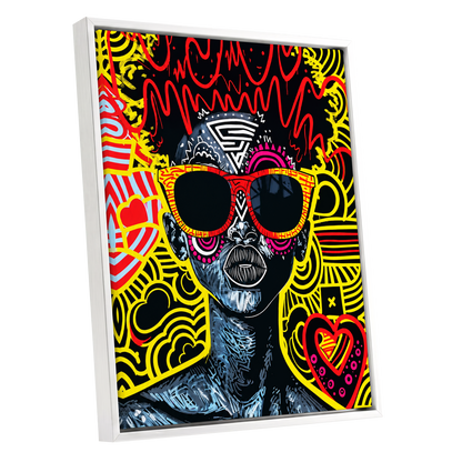 Neon Icon, black, yellow, red abstract wall art shown as a white framed canvas wall art