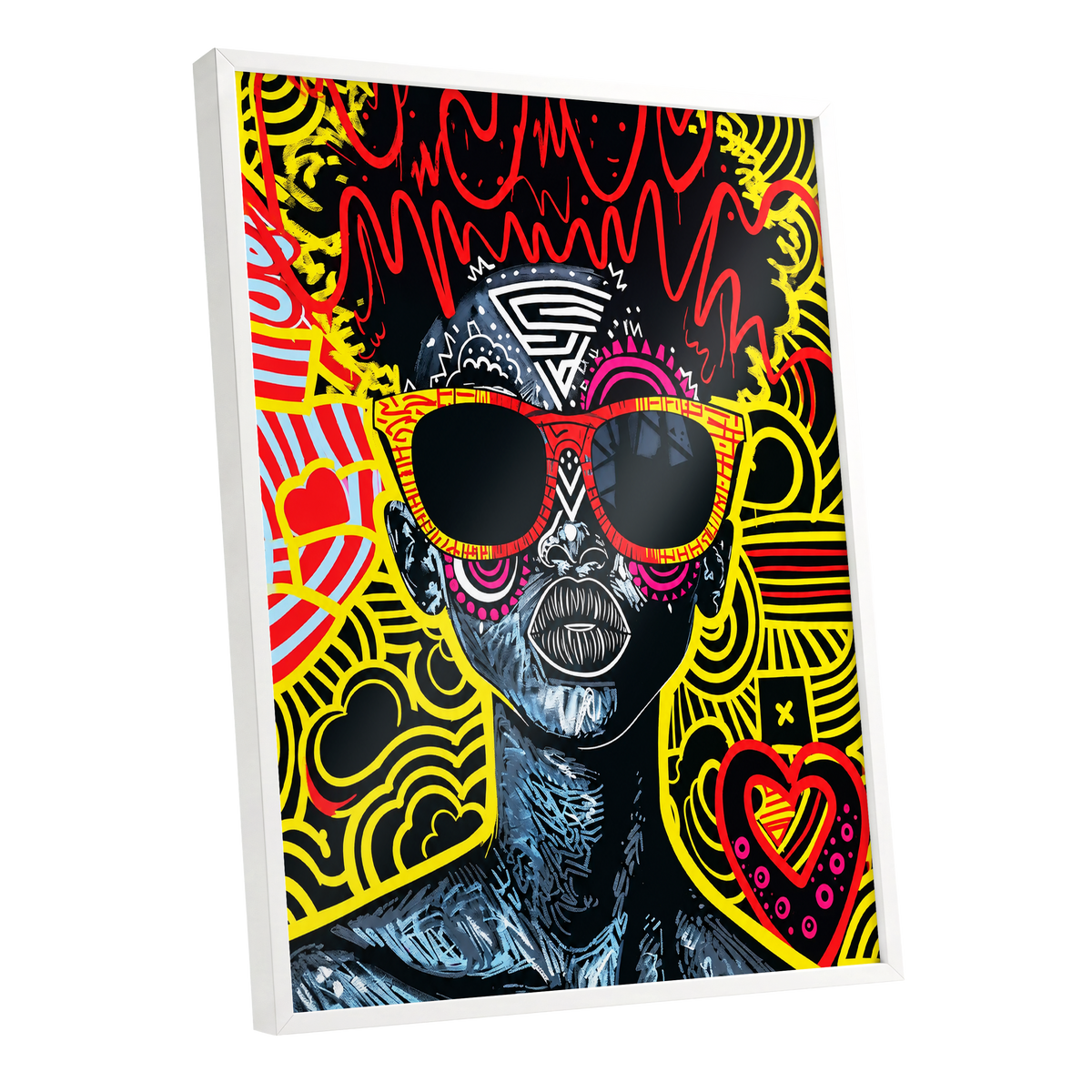 Neon Icon, black, yellow, red abstract wall art shown as a white framed poster wall art print