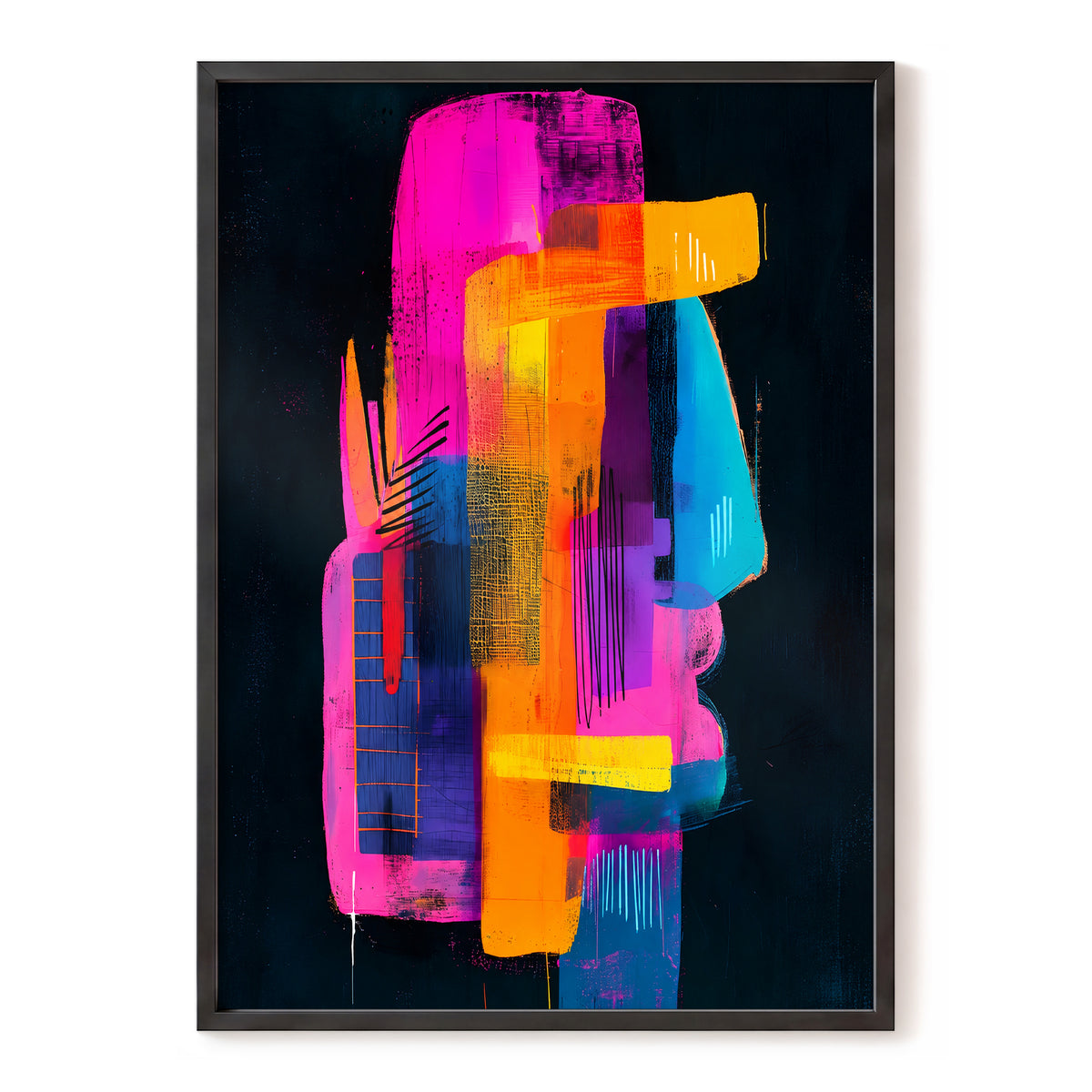 Neon Interlock, black, pink, orange abstract wall art, front artwork view