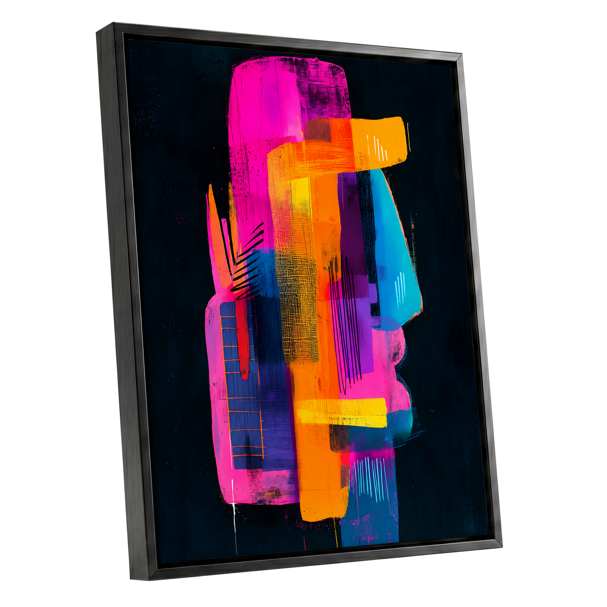 Neon Interlock, black, pink, orange abstract wall art shown as a black framed canvas wall art