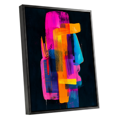 Neon Interlock, black, pink, orange abstract wall art shown as a black framed canvas wall art