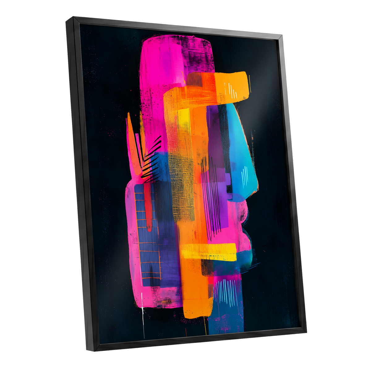 Neon Interlock, black, pink, orange abstract wall art shown as a black framed poster wall art print