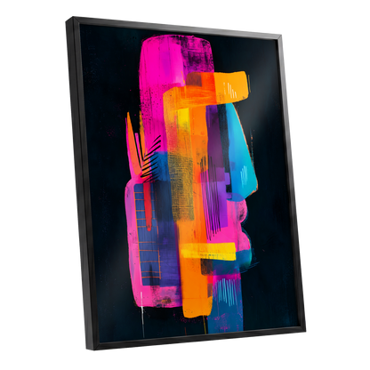 Neon Interlock, black, pink, orange abstract wall art shown as a black framed poster wall art print