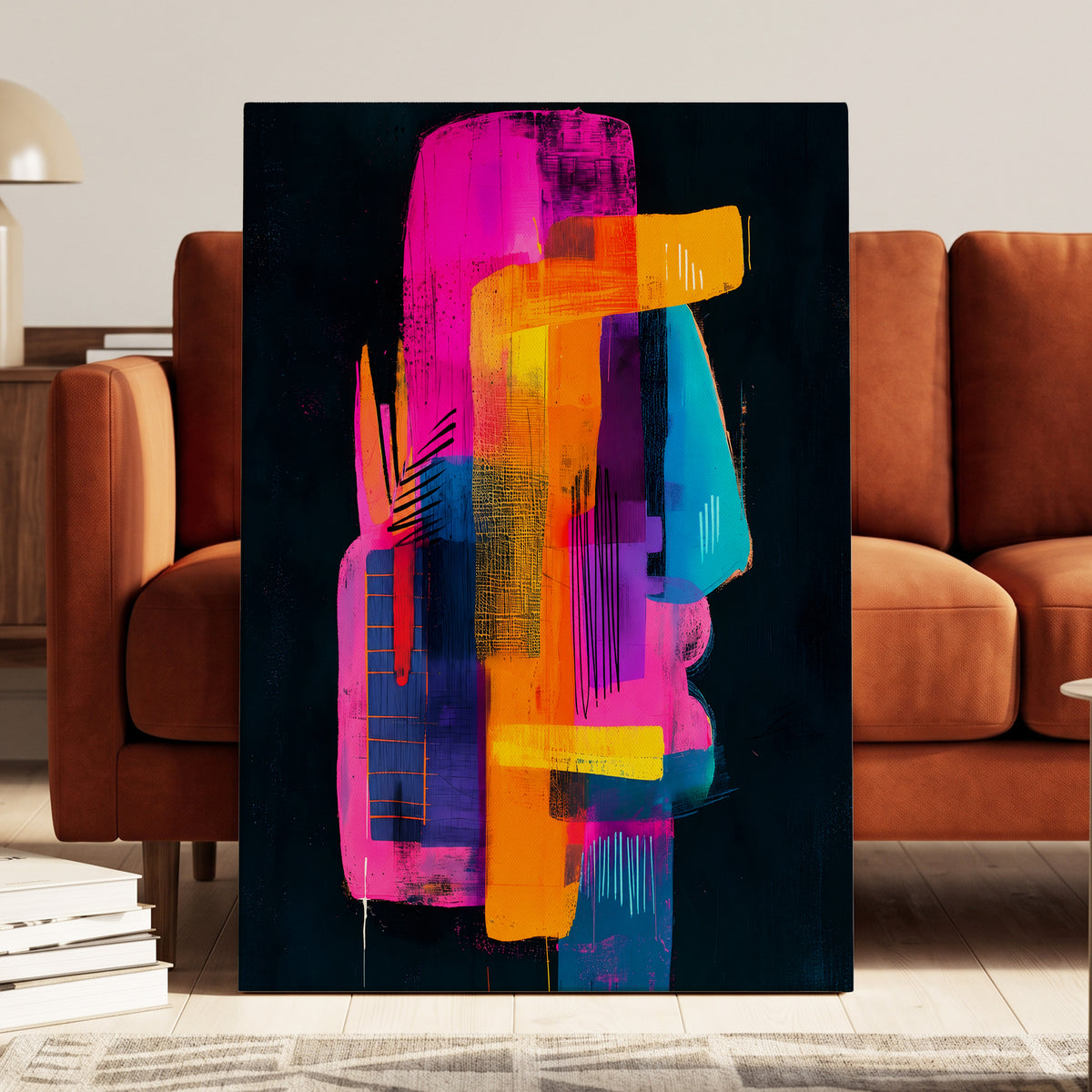 Neon Interlock, black, pink, orange abstract wall art on canvas displayed in a styled interior, gallery view 1