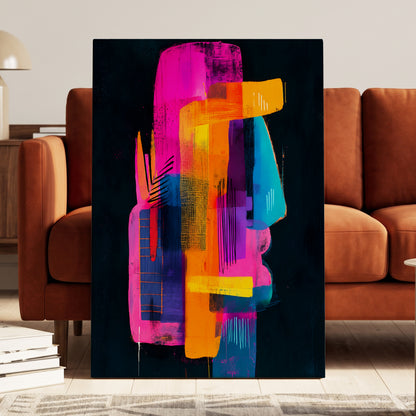 Neon Interlock, black, pink, orange abstract wall art on canvas displayed in a styled interior, gallery view 1