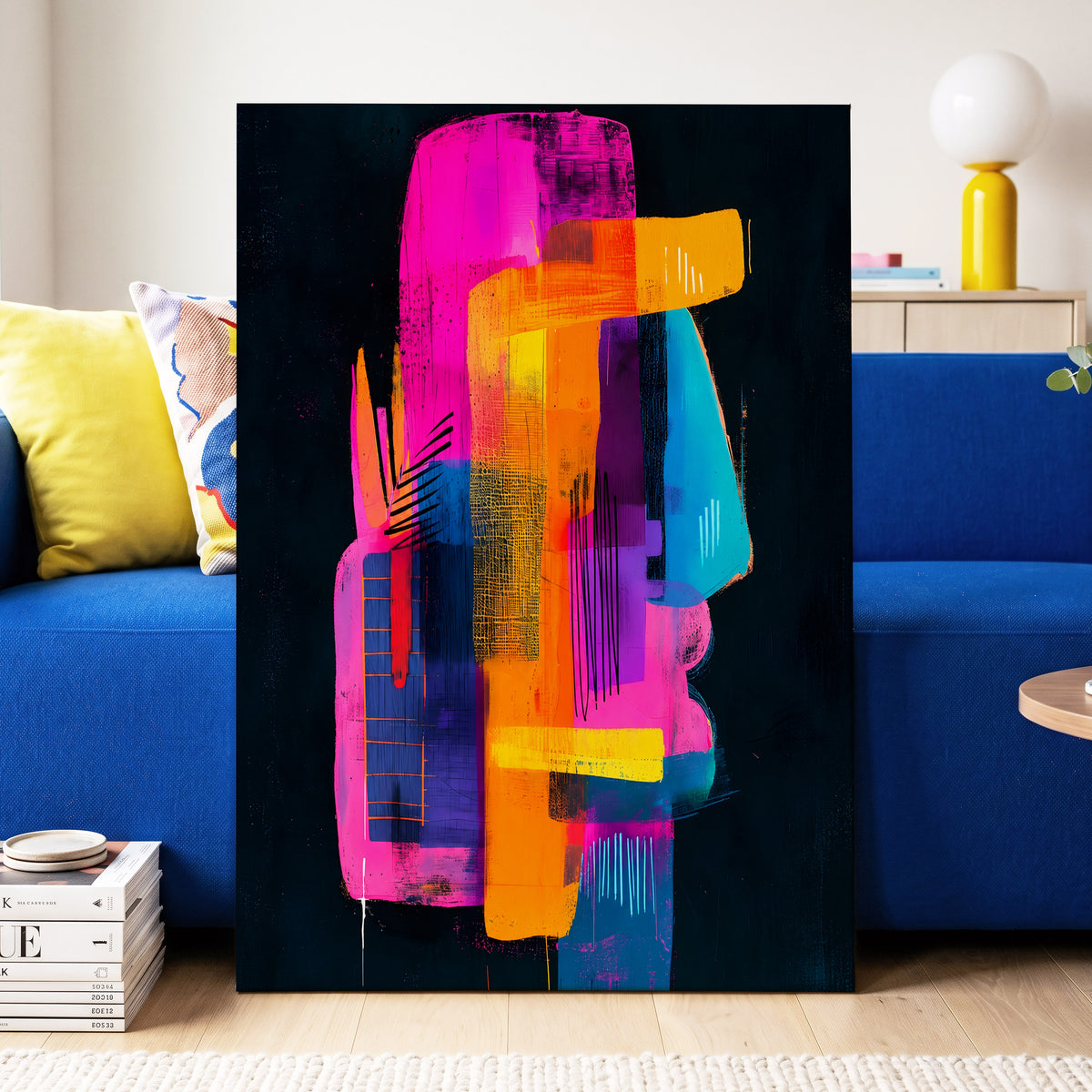 Neon Interlock, black, pink, orange abstract wall art on canvas displayed in a styled interior, gallery view 2