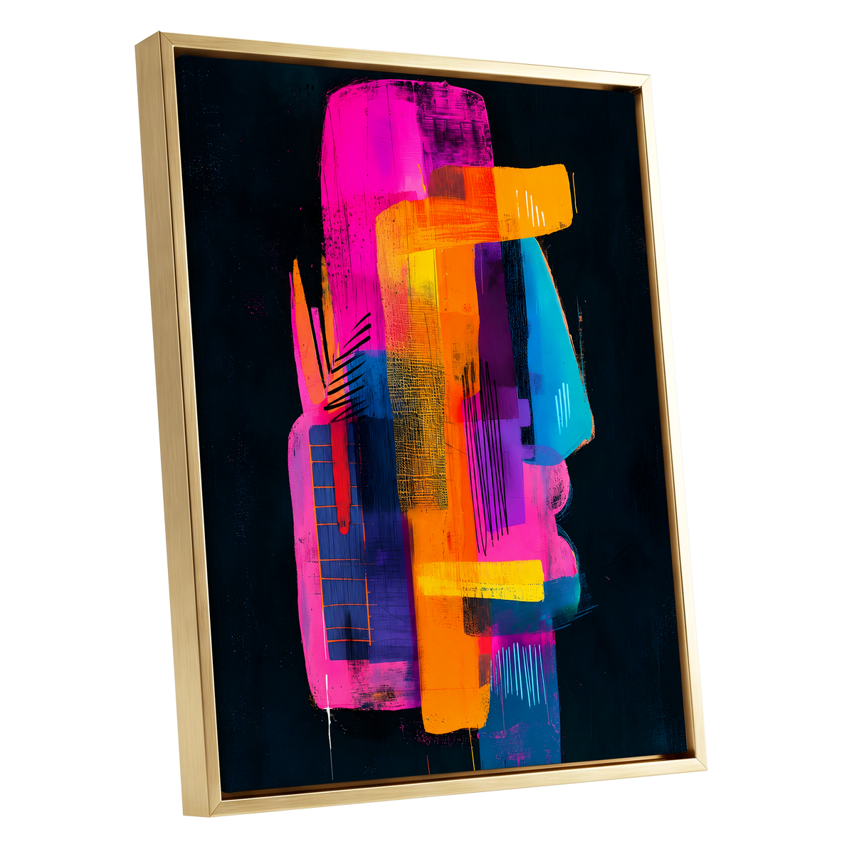Neon Interlock, black, pink, orange abstract wall art shown as a gold framed canvas wall art