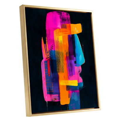 Neon Interlock, black, pink, orange abstract wall art shown as a gold framed canvas wall art
