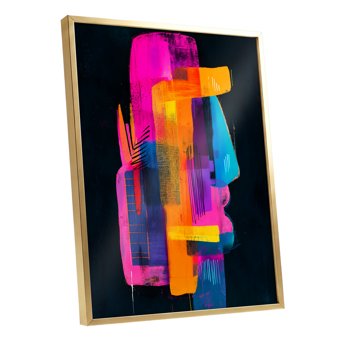 Neon Interlock, black, pink, orange abstract wall art shown as a gold framed poster wall art print