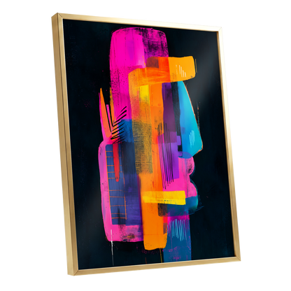 Neon Interlock, black, pink, orange abstract wall art shown as a gold framed poster wall art print